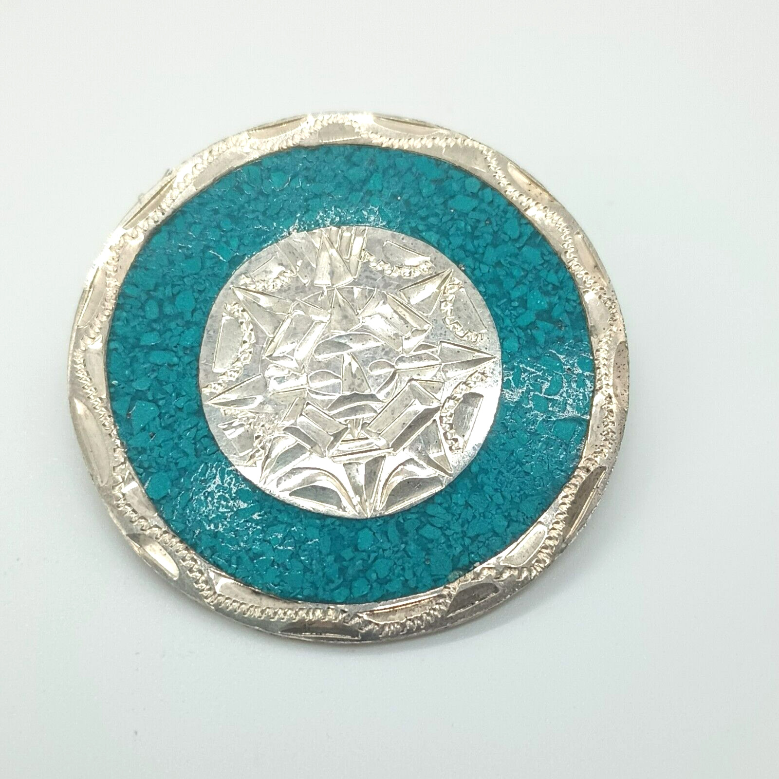 925 Crushed Turquoise Sun Brooch Pendant Vtg Sterling Silver Mexico Pin Jewelry