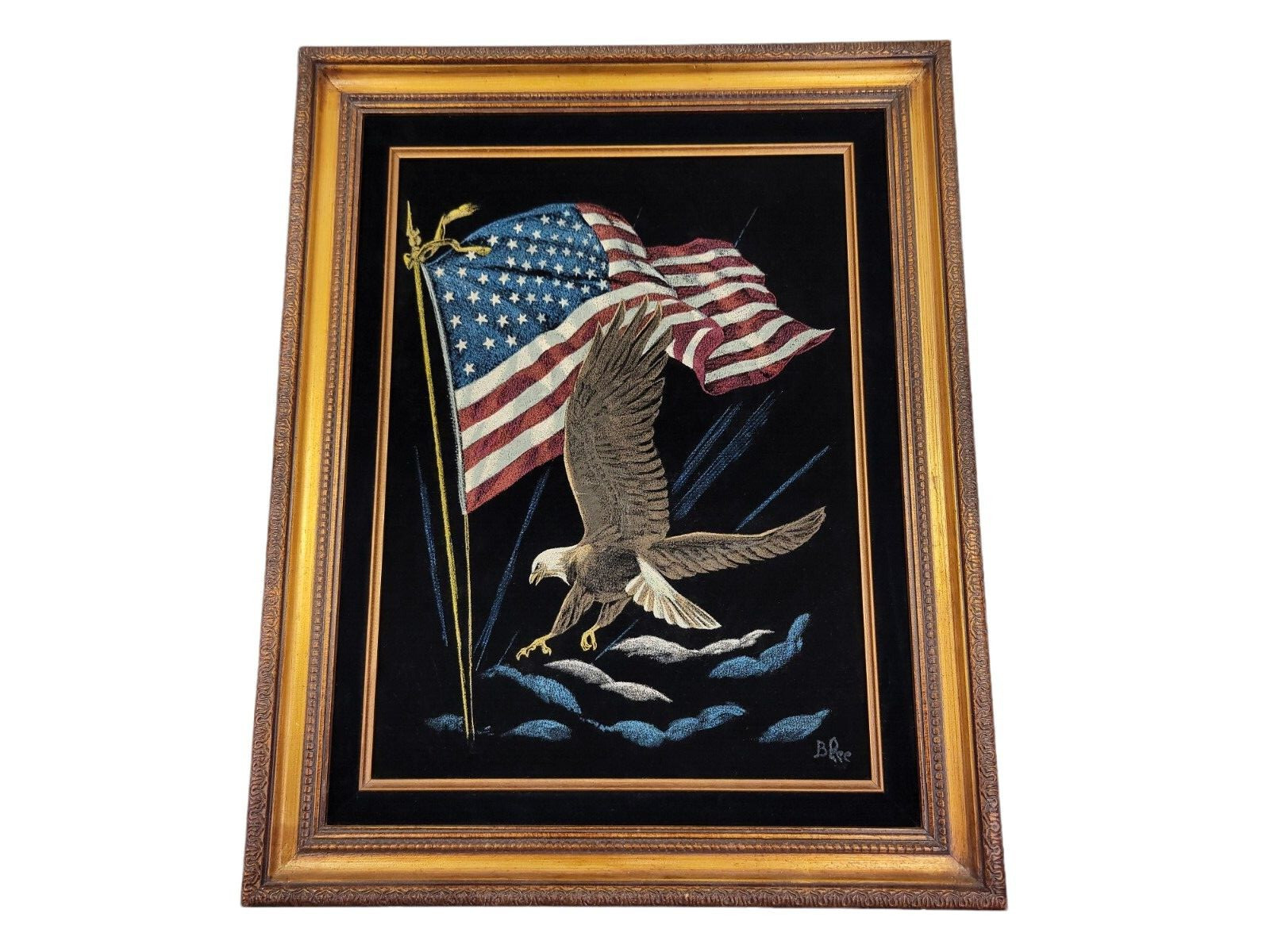 Vintage American Flag Bald Eagle Velvet Painting Signed Bill Lee MCM Framed Art