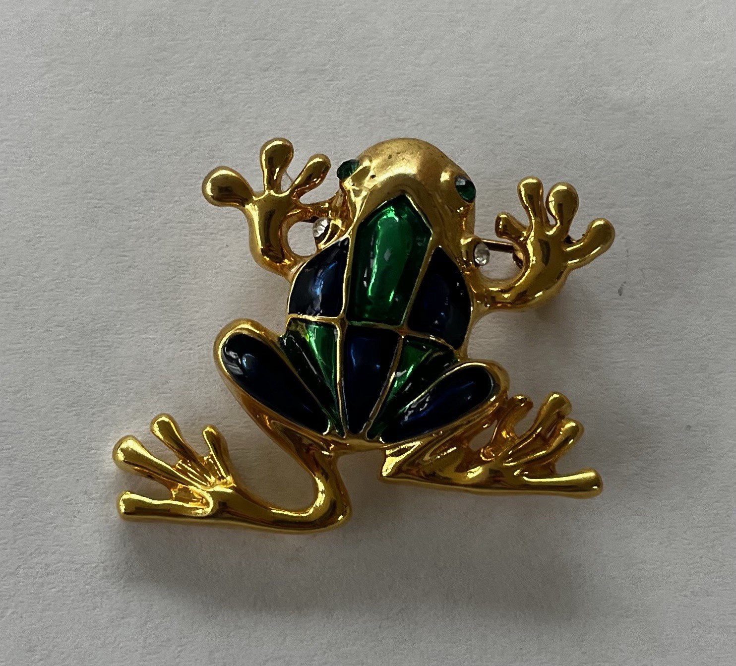 Vintage Color Block Frog Pin Brooch 1.5" Gold Tone Blue Green Colorful Classic