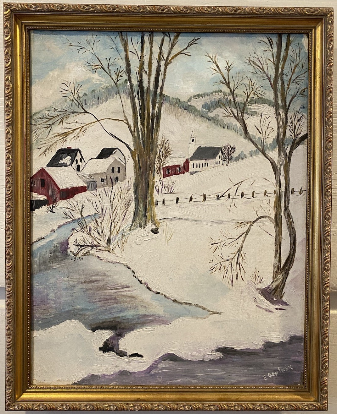 Signed Winter Landscape Oil Painting Rural Farm & Church Snow Scene 20x16