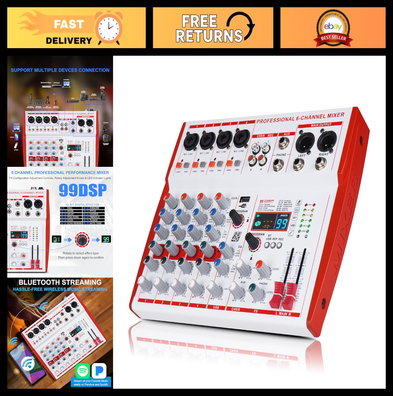 6 Channel Professional DJ Audio Mixer - Portable Controller with 99 DSP Effects