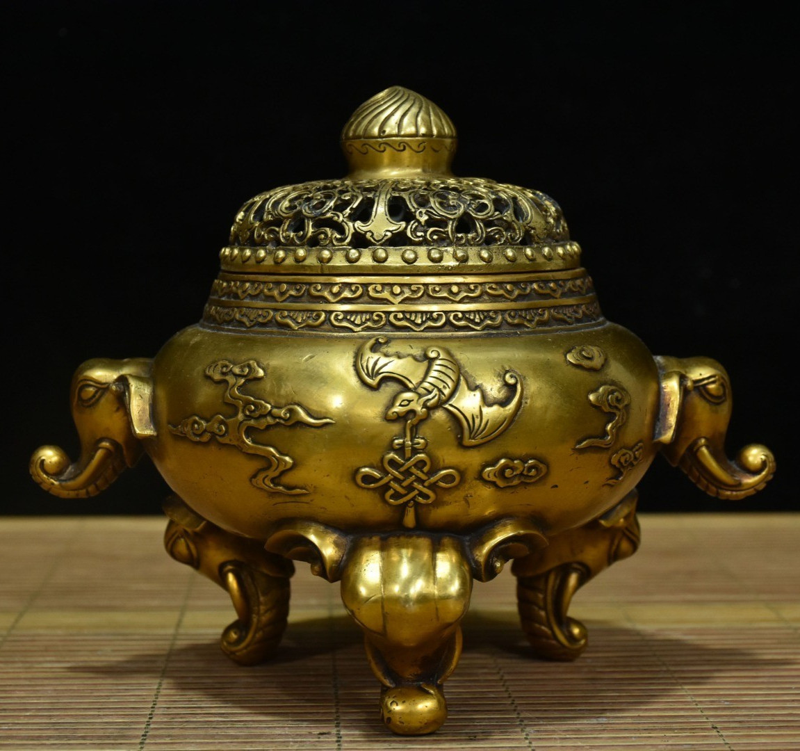 Old Chinese Gilt Copper Lucky knot Elephant Ears&Bat Motif Incense Burner