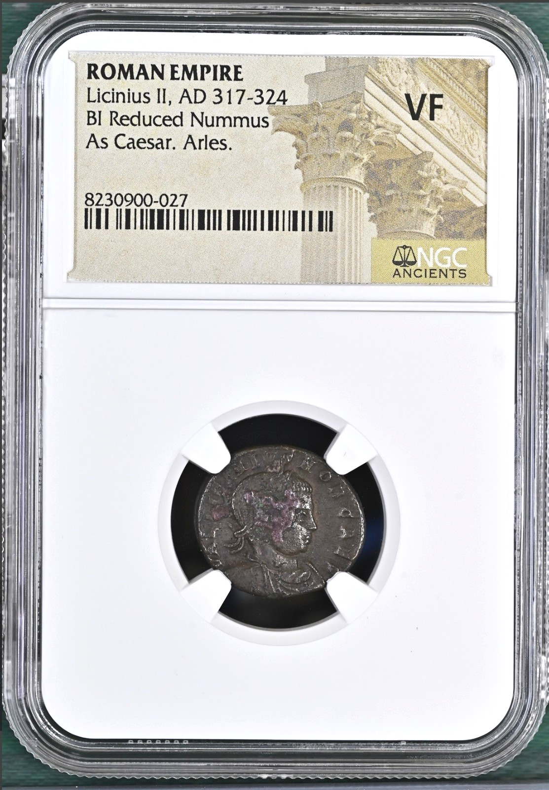 ROMAN LICINIUS II, AD 317-324, BI REDUCED NUMMUS, AS CAESAR, ARLES MINT NGC VF