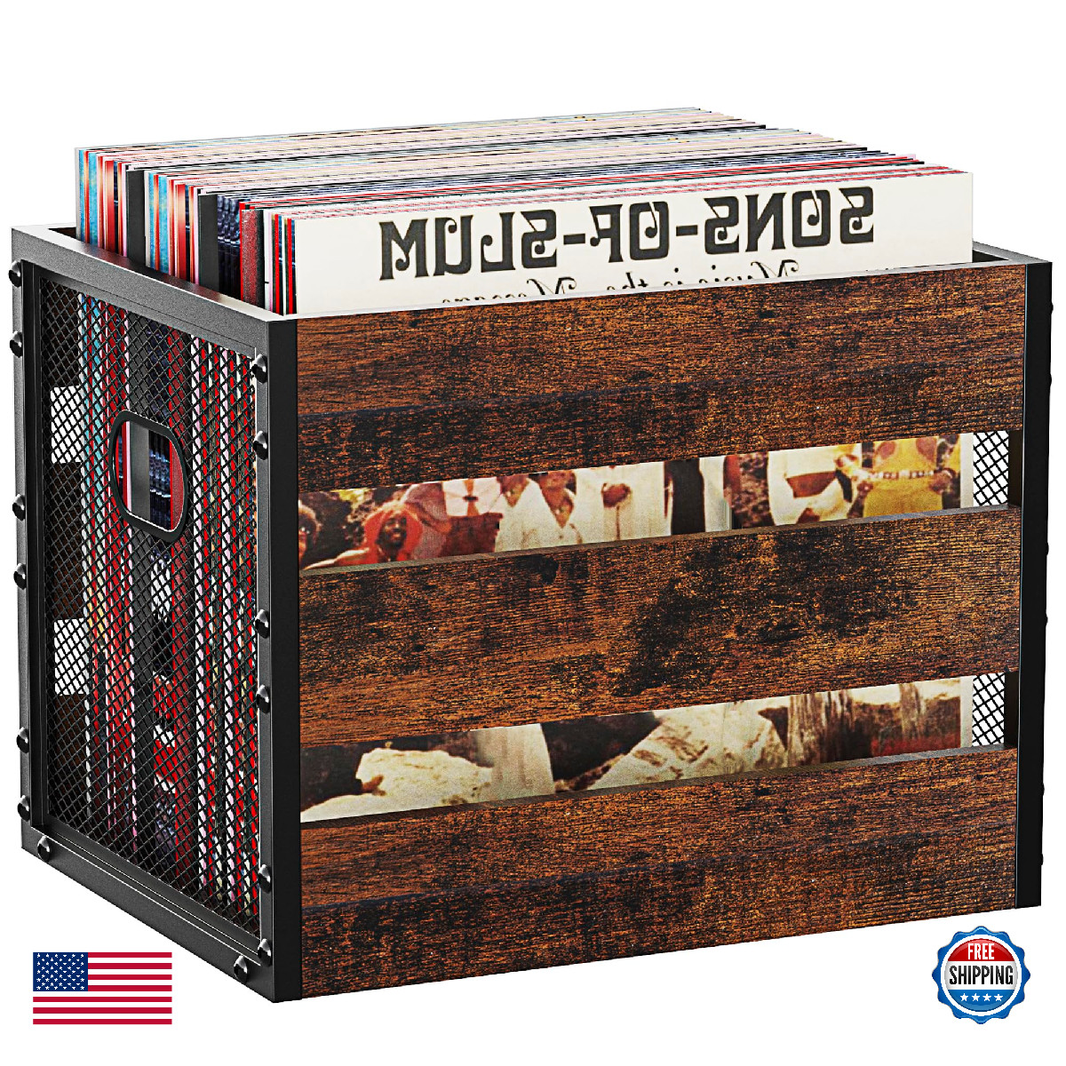 DOLALIKE Vintage Wood Vinyl Record Storage Box Album Holder Dividers 100+ Record
