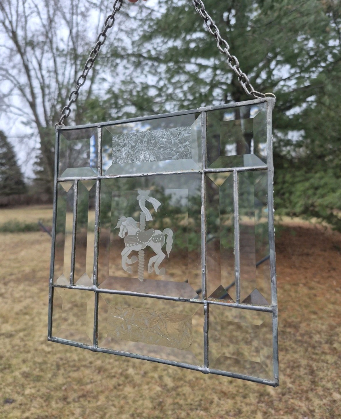  Leaded Glass Cut And Etched Carousel Horse 8x8” Wall Hanging Sun Catcher