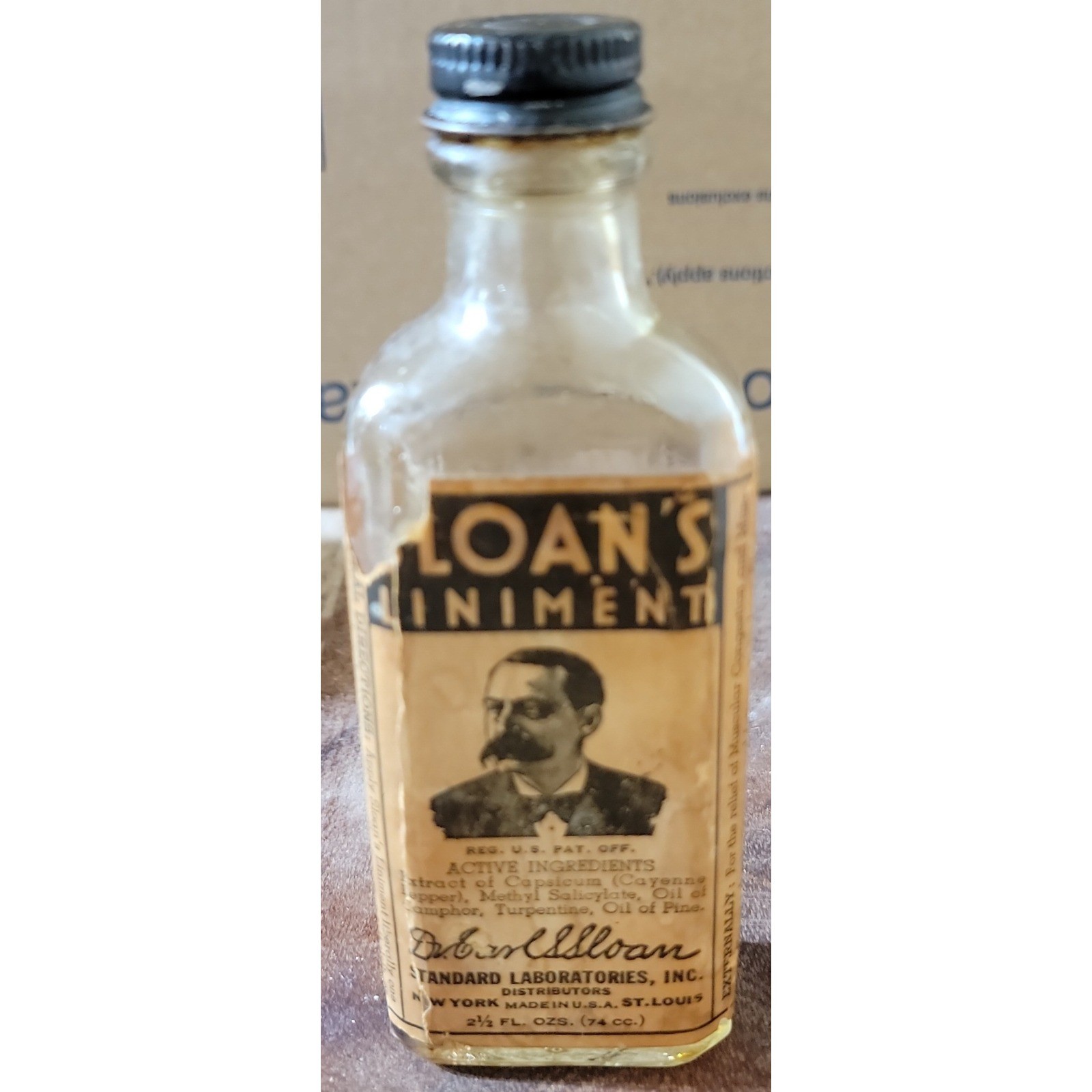 Vintage Sloan's Liniment Glass Bottle Standard Laboratories Original Label 2.5oz