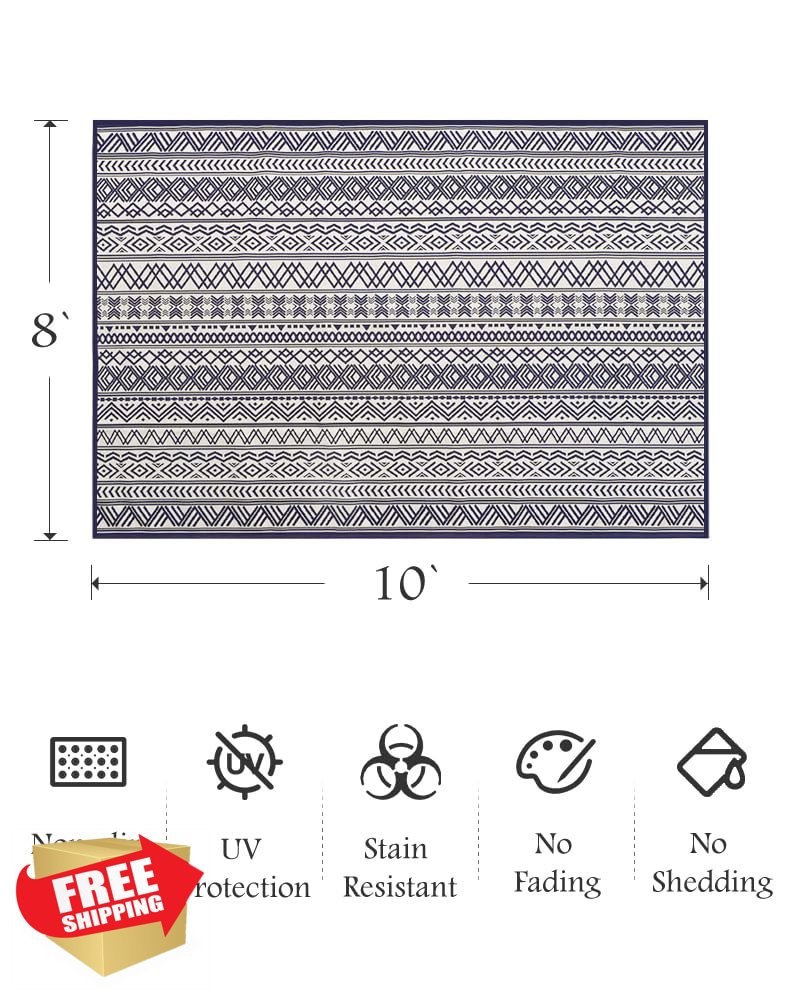 Outdoor Rug Carpet 8x10 ft Flatweave Navy Non Slip Patio Deck