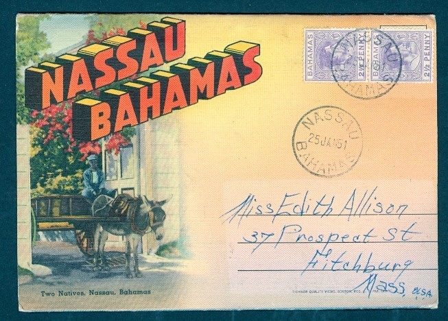 BAHAMAS 1951 2½D KGVI PAIR ON NASSAU PPC FOLDER TO USA