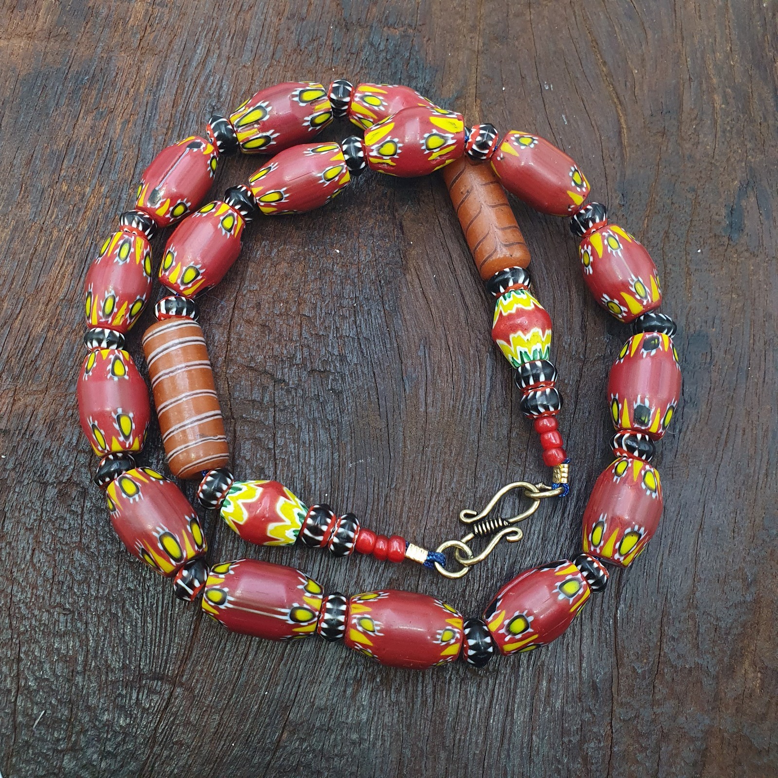 Vintage Venetian African Style Beaded Necklace with Chevron and Whiteheart Beads