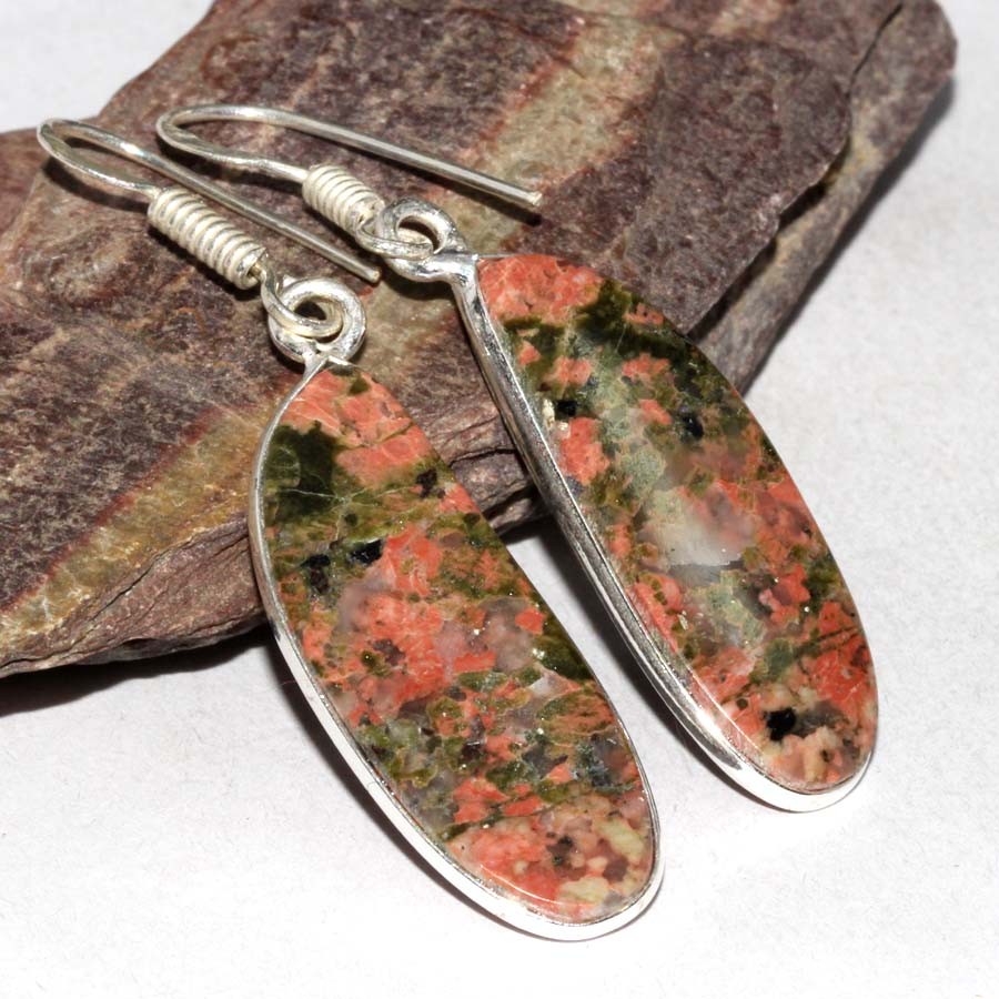 925 Silver Plated Unakite Ethnic Earrings Handmade Jewelry Size 1.8" MJ
