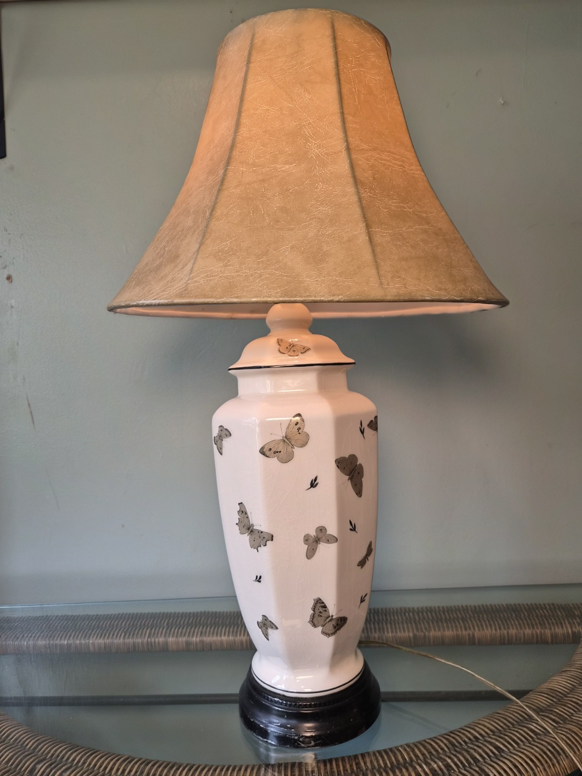 Vintage White Porcelain Butterfly Table Lamp – Original Shade – Working