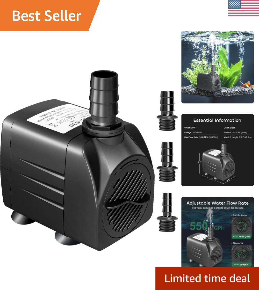 550GPH Submersible Water Pump with 7.2ft Lift - Ideal for Aquariums & Fountains