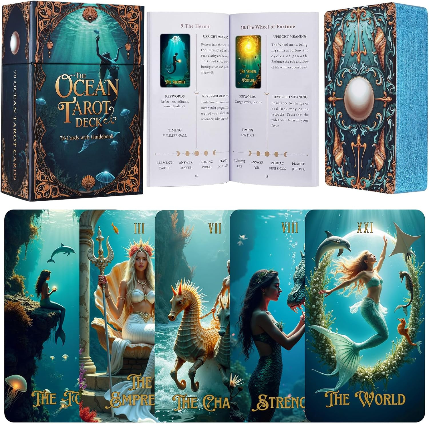 XSYLOHXL Ocean Tarot Cards with Guide Book for Beginners Unique Pretty Gold Foil
