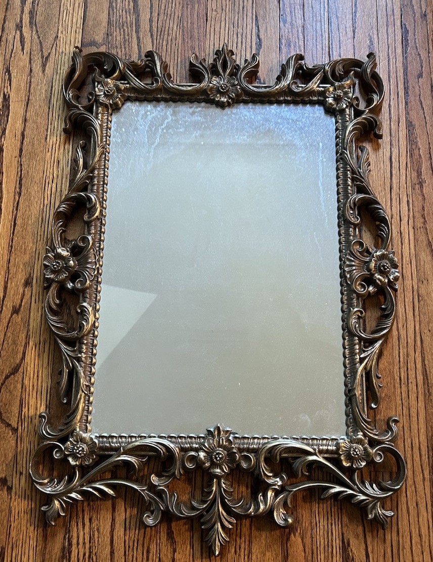 Vintage 70s Ornate Square Floral Resin Brass Decorative Wall Mirror MCM Regency