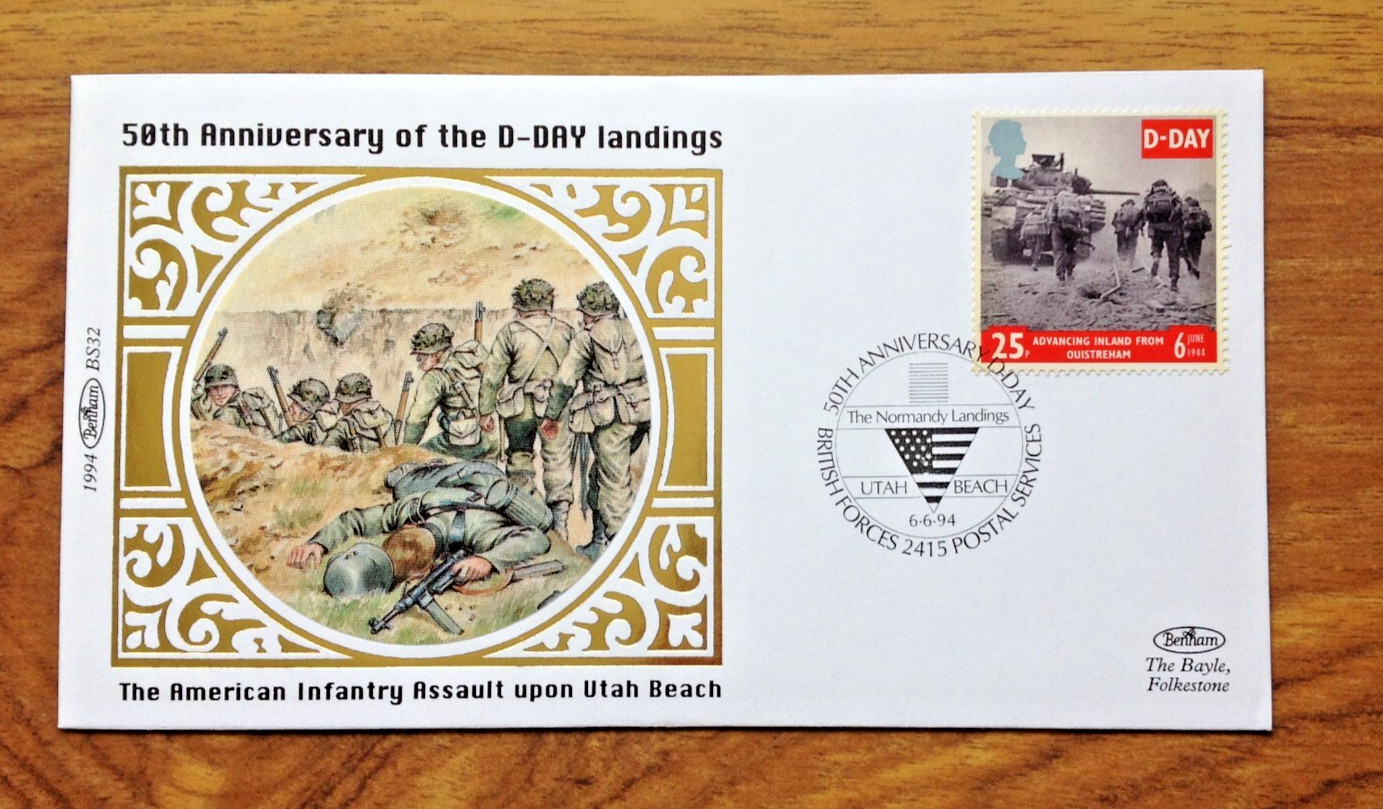 American  Infantry 50th Anniv  1994 D- Day Benham Silk FDC  Utah Beach  pmk