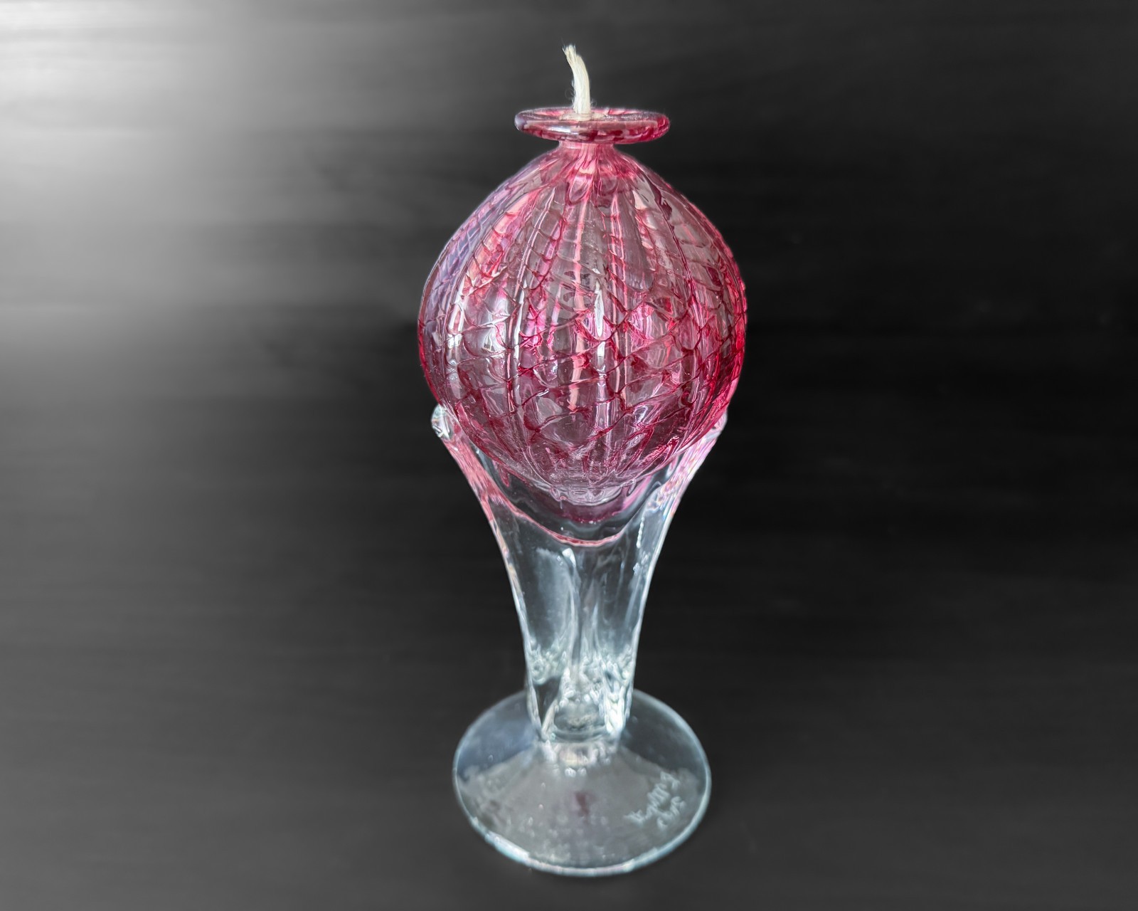 Pink Hand Blown Art Glass Oil Lamp Opalescent Signed Ron Mynatt 2003
