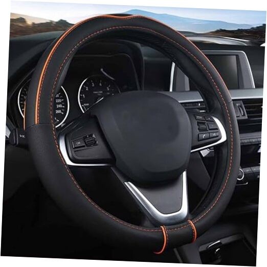  Auto Car Steering Wheel Cover, Universal 15 Inch Fit, Soft Black&Orange