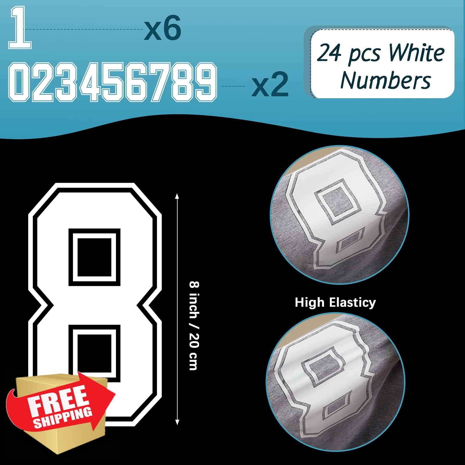 WILLBOND 24 Pcs 8" Iron On Numbers Jersey Heat Transfer White Black