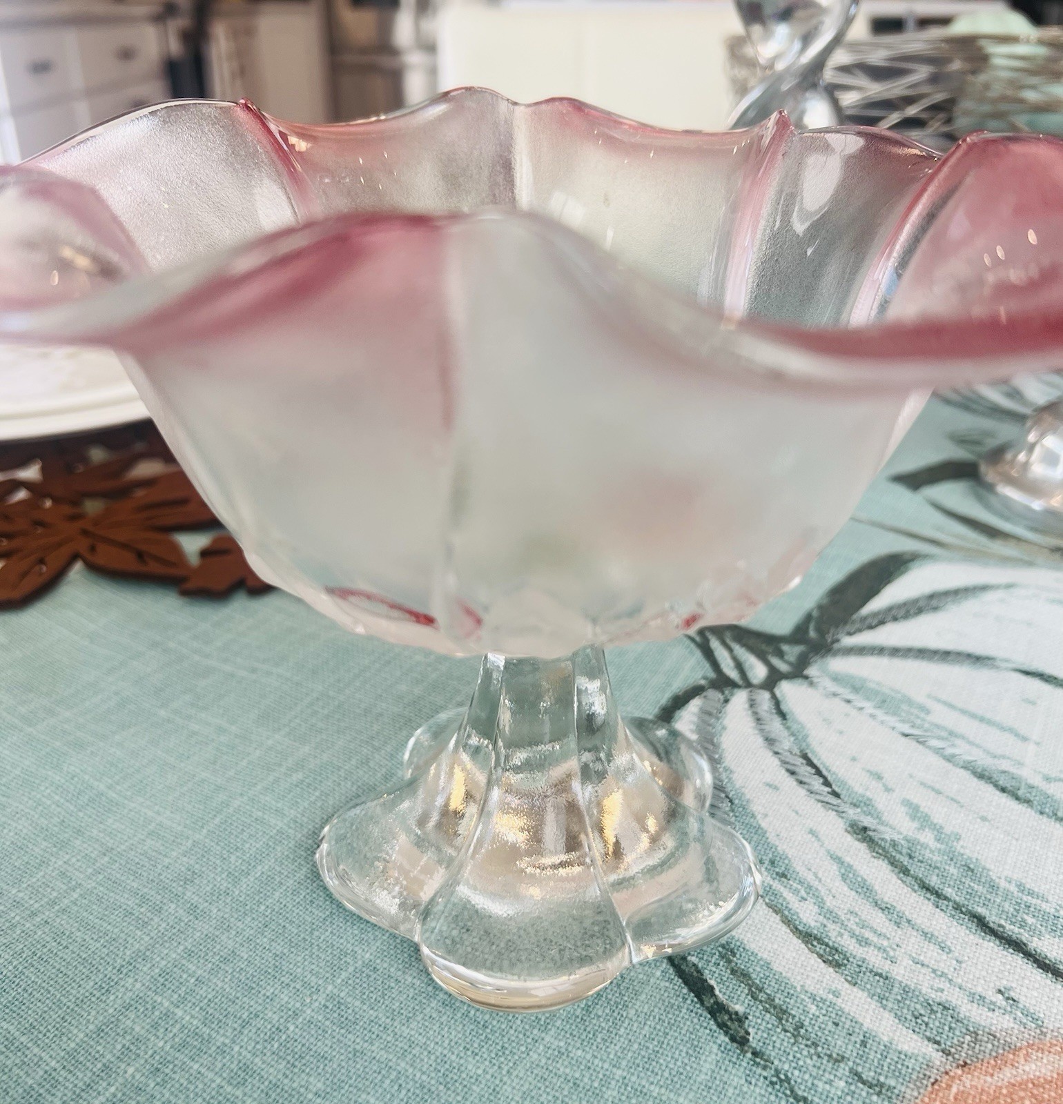 Vintage Pink Depression Footed Glass Bowl Scalloped Edges 5 3/4 Inches Tall