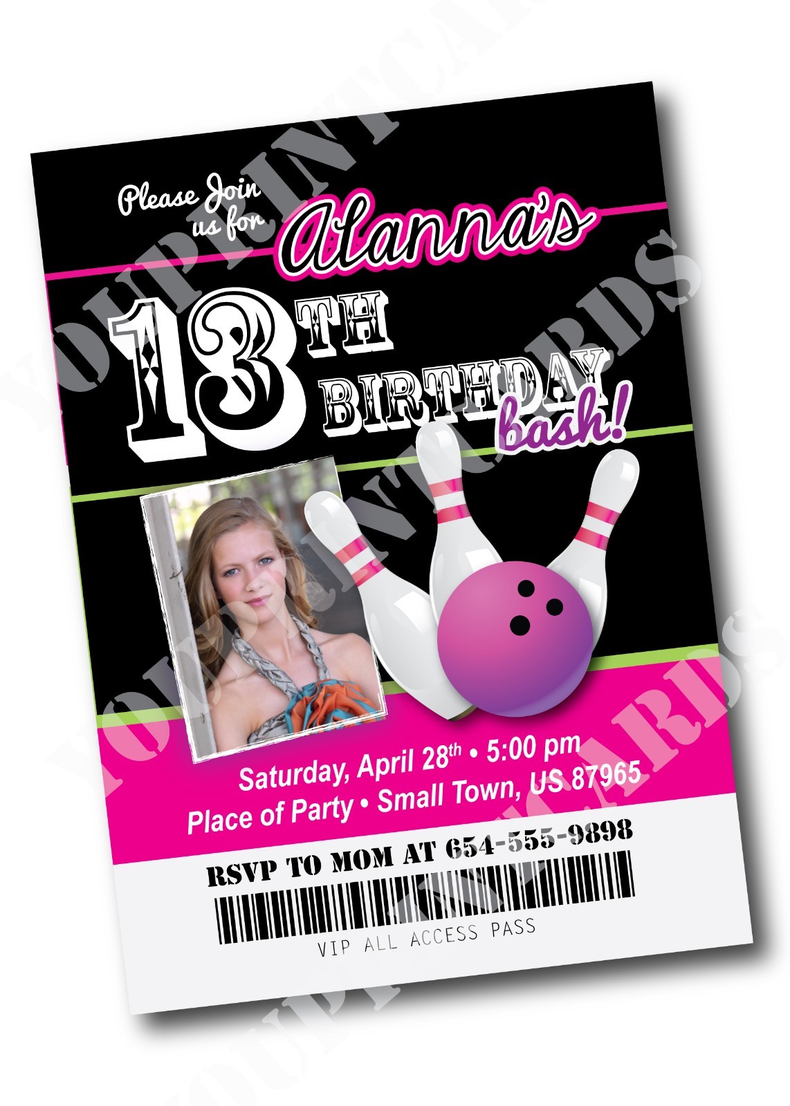 BOWLING Birthday Party Invitation TICKET Style Any Age or Color w/ Photo 5x7