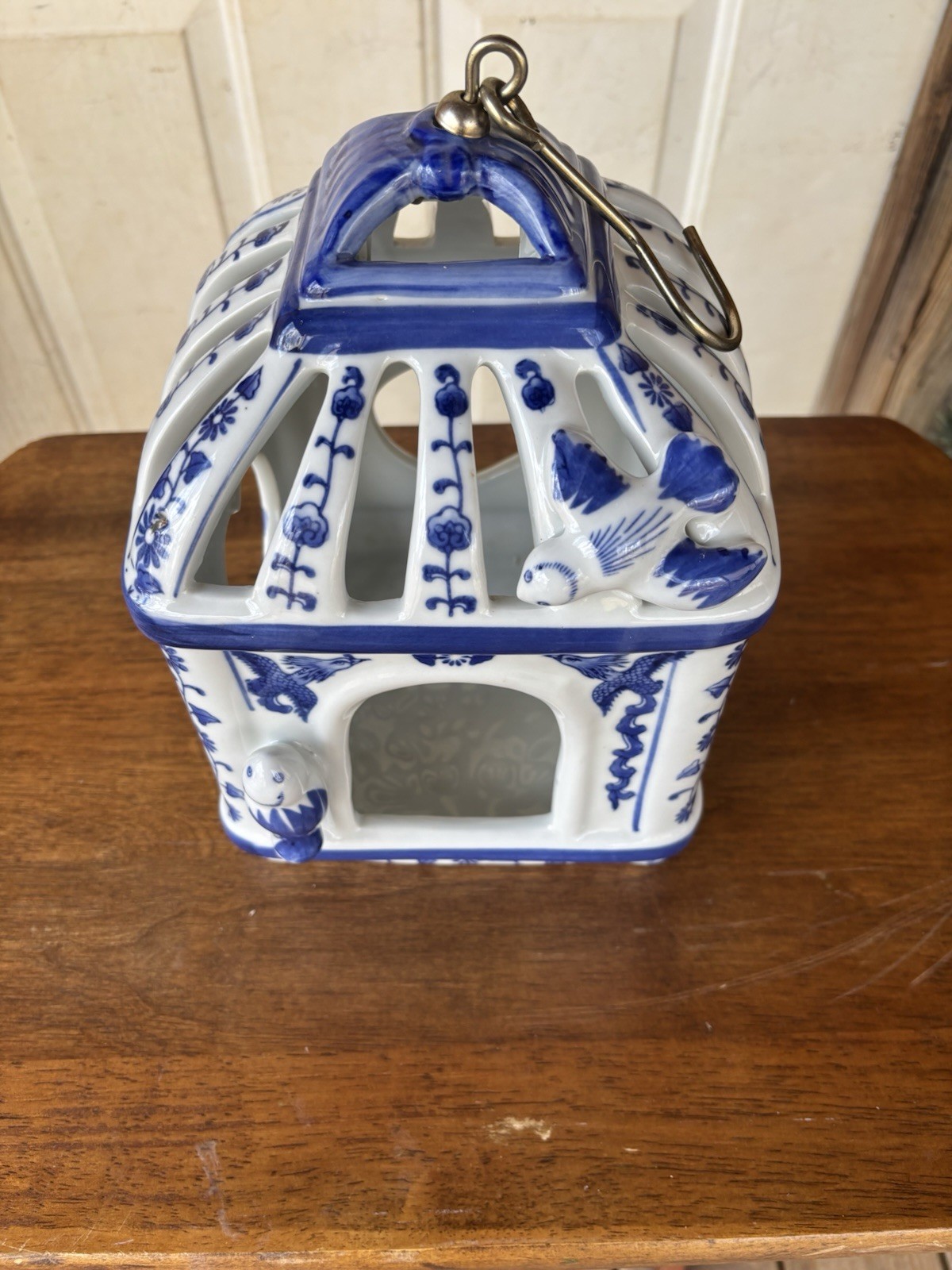 Ceramic Blue White Hanging Bird House with Floral and Bird Motif