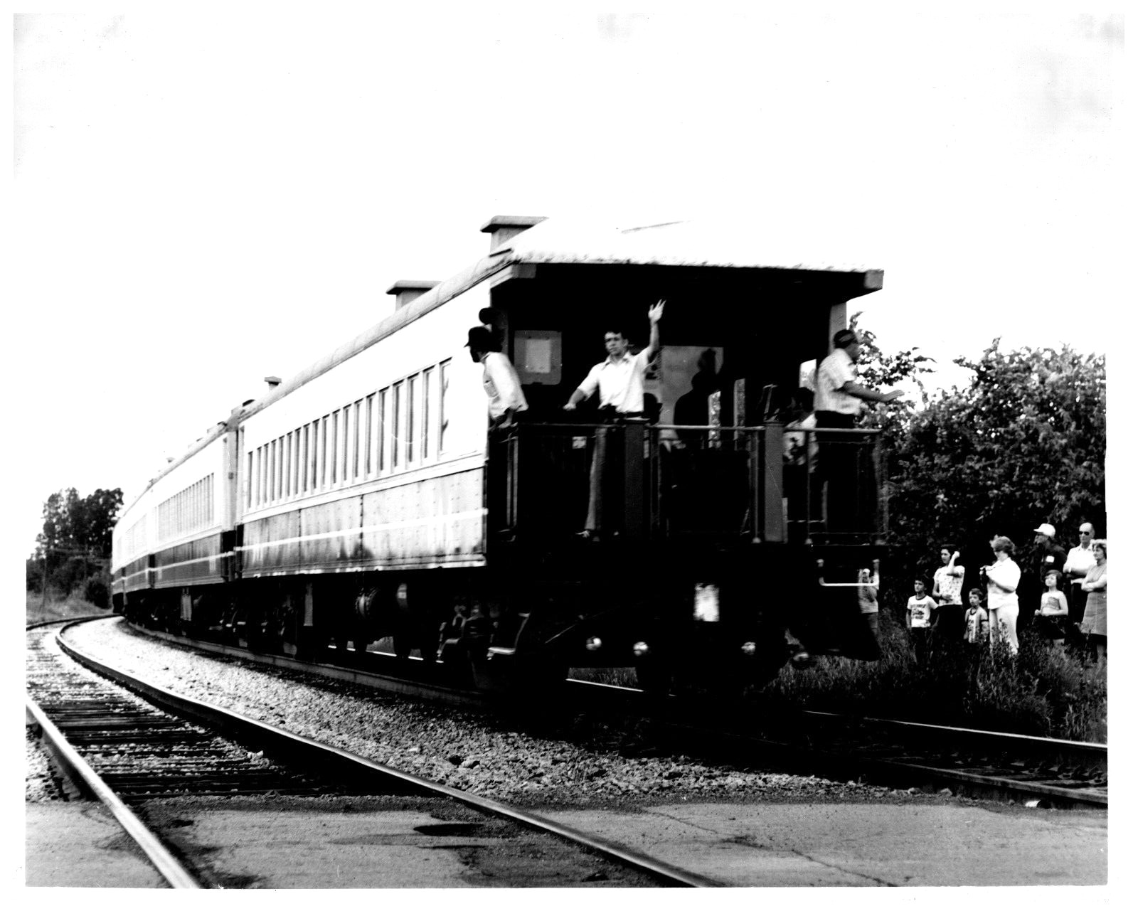 RAILROAD TRAIN CABOOSE WITH SOMEONE CAMPAIGNING ??? 8 X 10 B & W PHOTOGRAPH