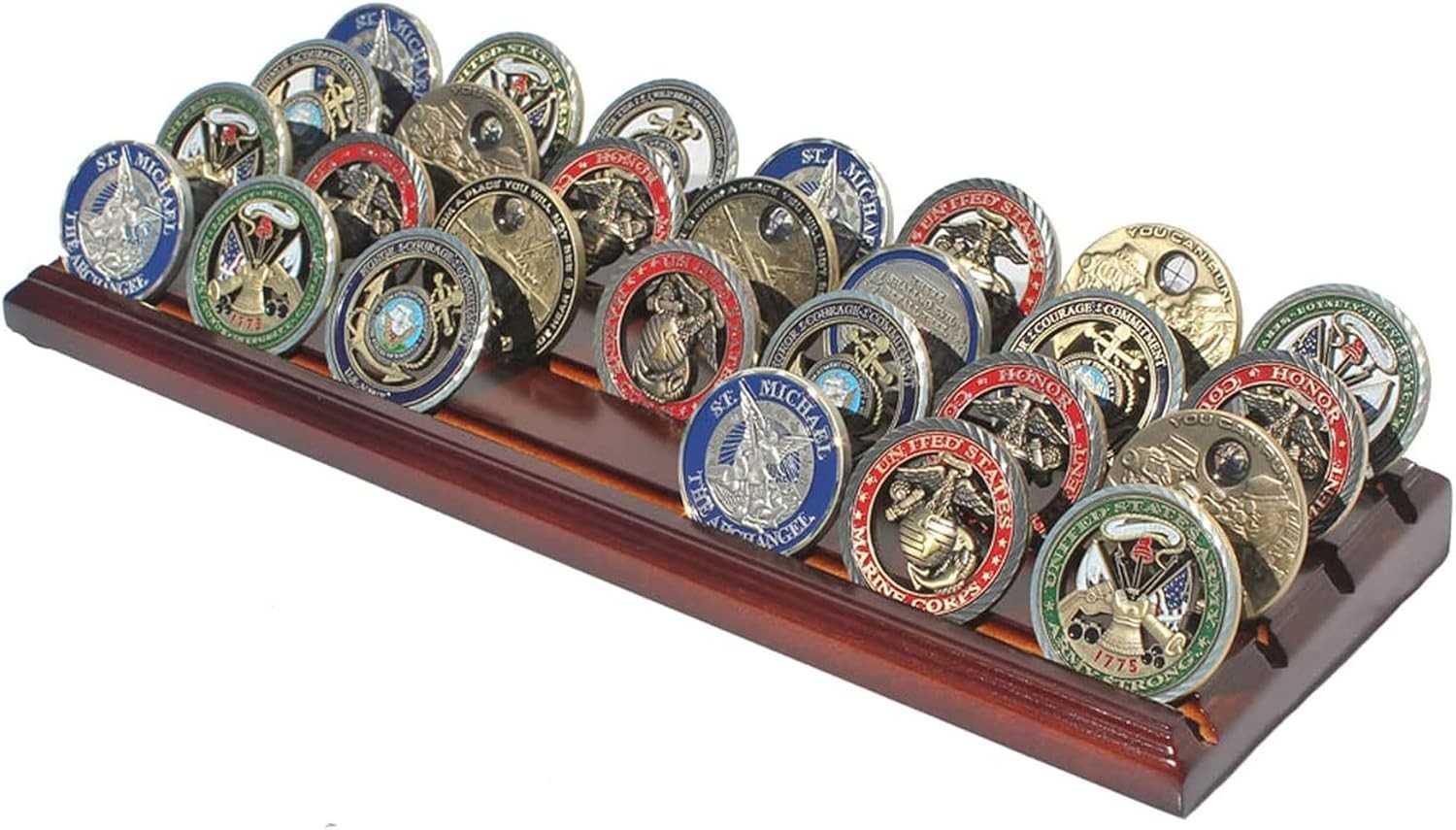 Challenge Coin Display Stand 4 Row Wooden Holder Rack Case Holds 28 Coins Walnut