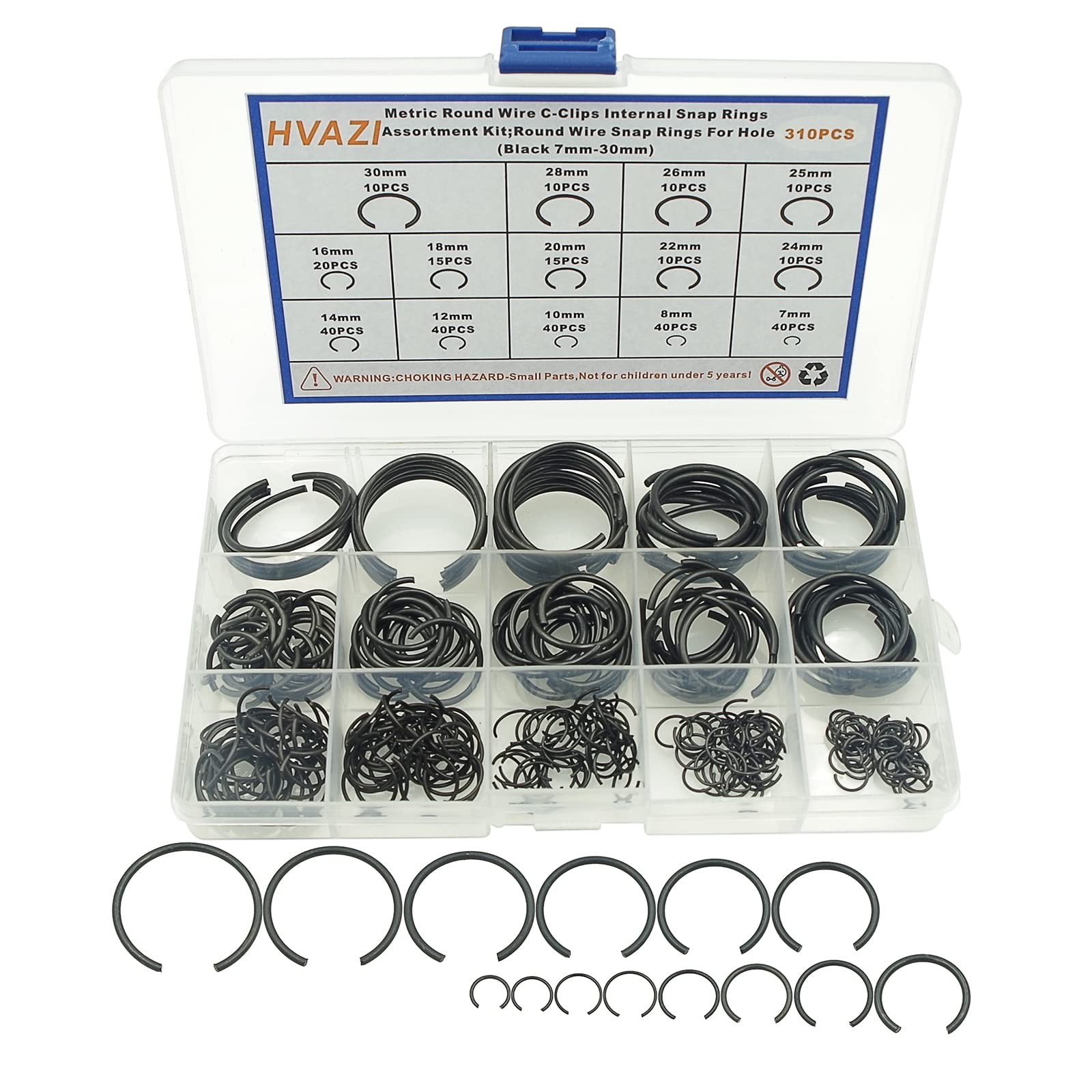 310PCS 14-Sizes Round Wire C-Clips Internal Snap Rings Assortment Kit;Round W...