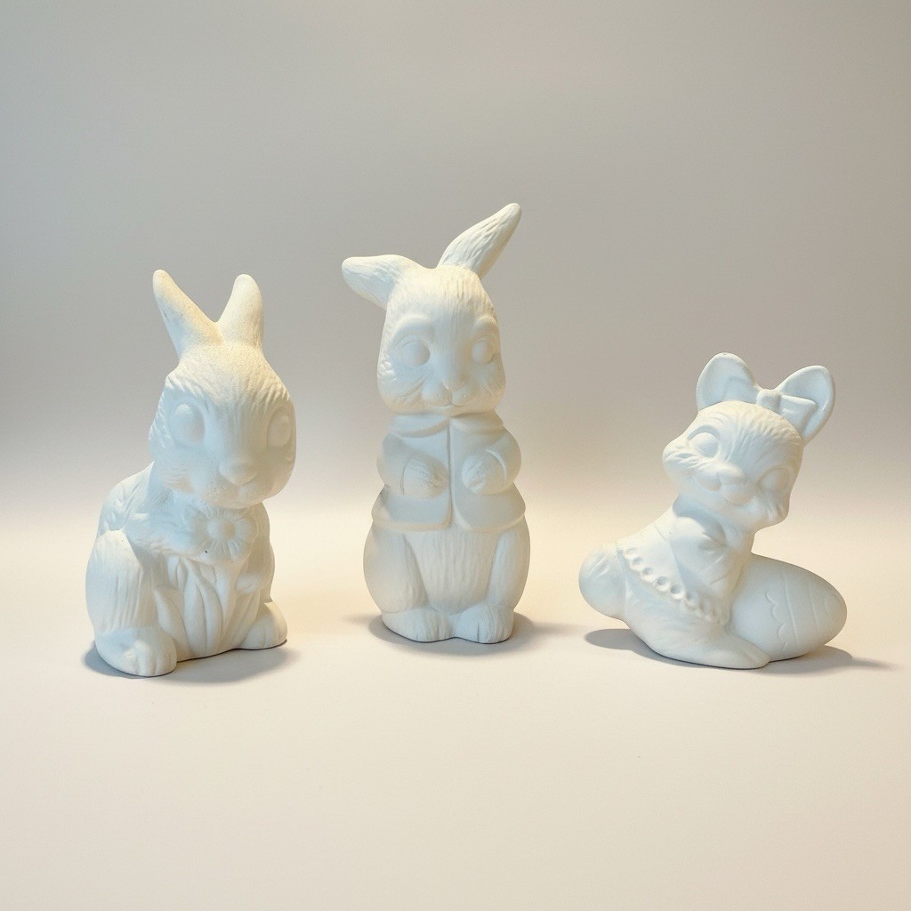 Ceramic Bisque Rabbit Figurines Set of 3 – Ready to Paint – Tallest 4” H