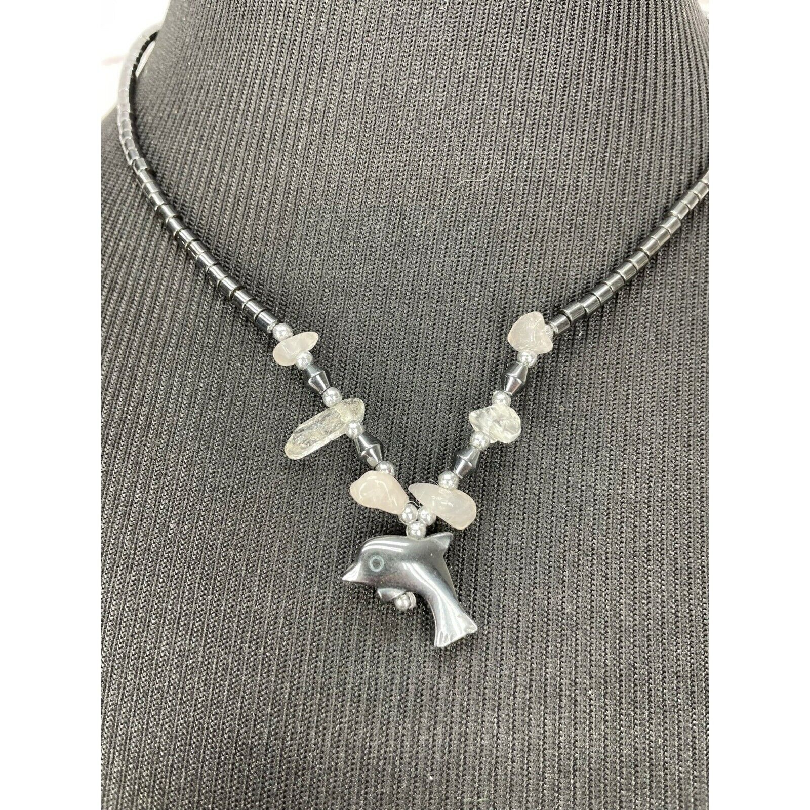 Silver Magnetic Healing Beaded Dolphin Pendant Necklace