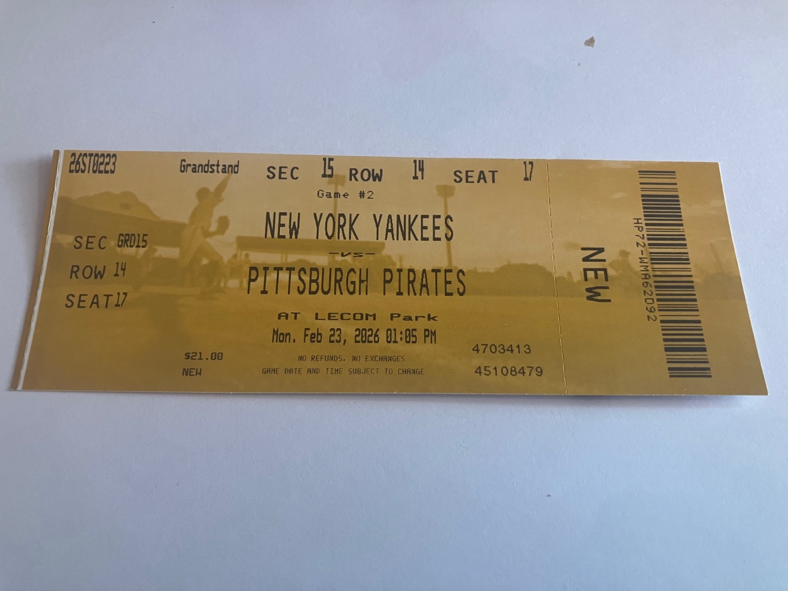 2/23/26 New York Yankees vs Pittsburgh Pirate  color Spring training Ticket Stub