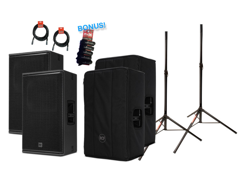 2x RCF NX 932 A PROFESSIONAL ACTIVE SPEAKERS w/ COVERS + STANDS & XLRS