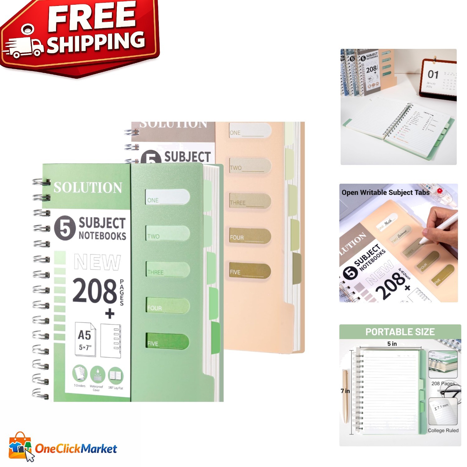 5x7 Spiral Notebook with 5 Dividers - Perfect for Note-Taking and Journaling