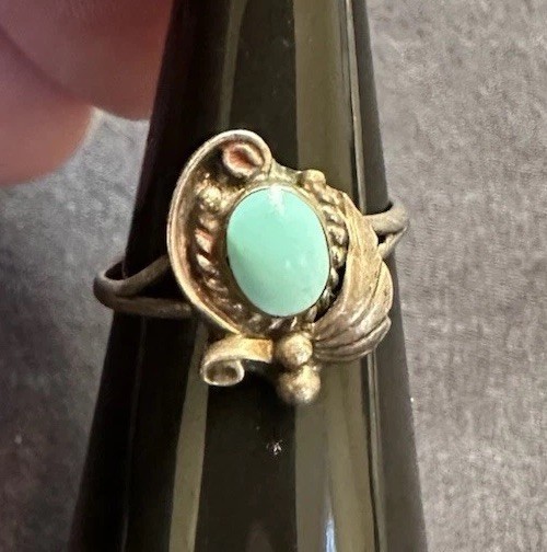 Vintage Sterling Silver 925 Native American Oval Turquoise Child Ring, Size 2.75