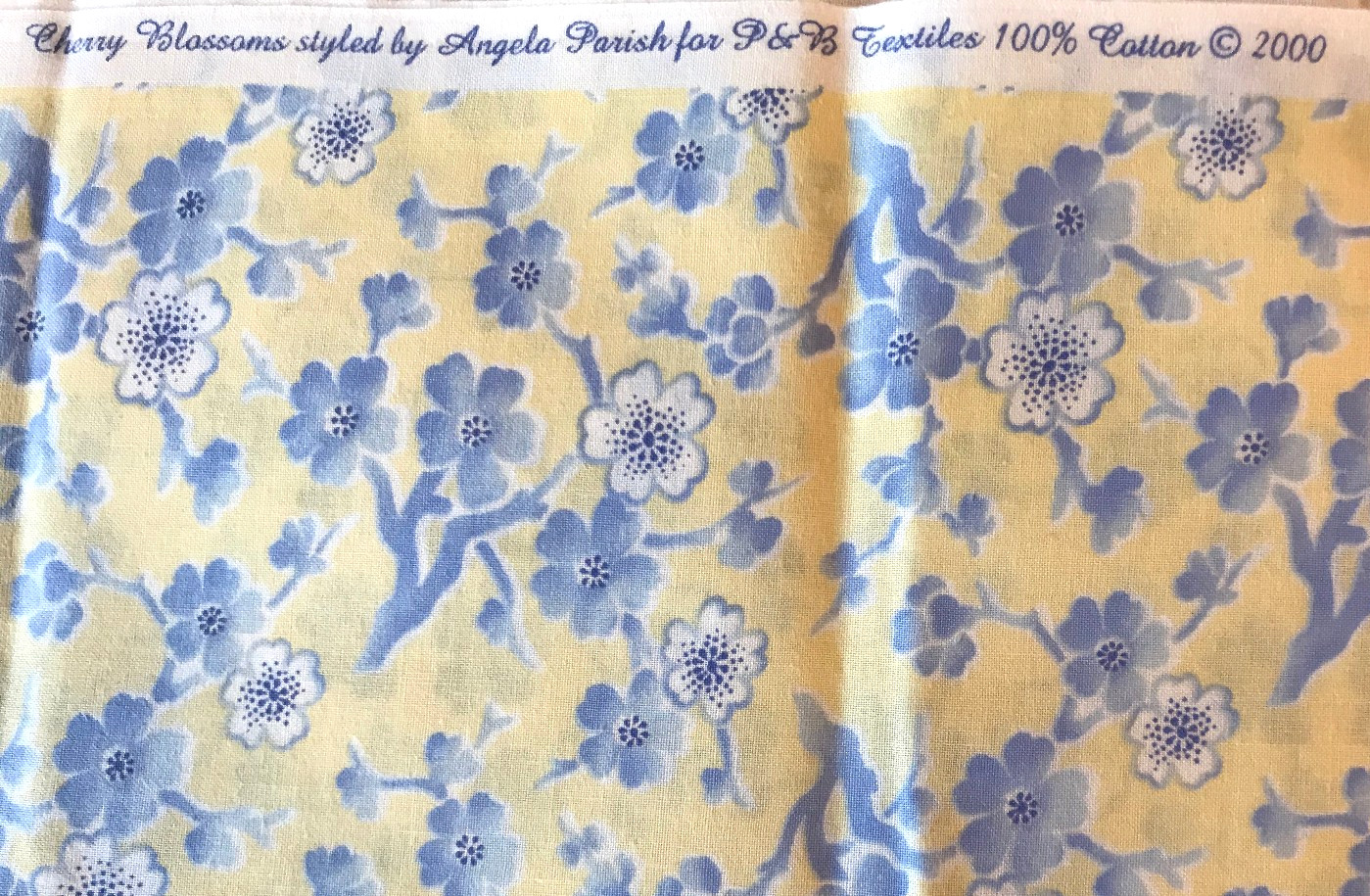 "CHERRY BLOSSOMS" BLUE & soft yellow & white P&B TEXTILES  100% COTTON  1/2 yard