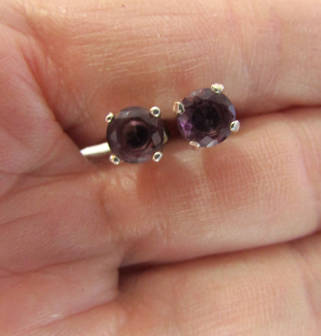 Purple Crystal  Stud Earrings Silver Plate 6 mm Round