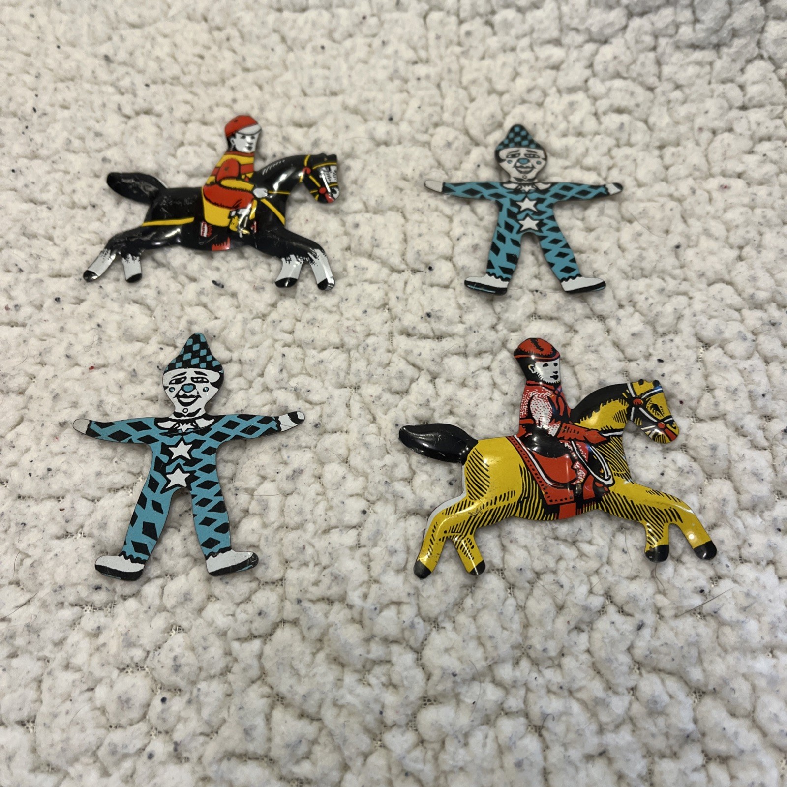 Vintage Cracker Jack Toy Tin Metal Litho Jockey Horse, clowns 1940s LOT OF 4