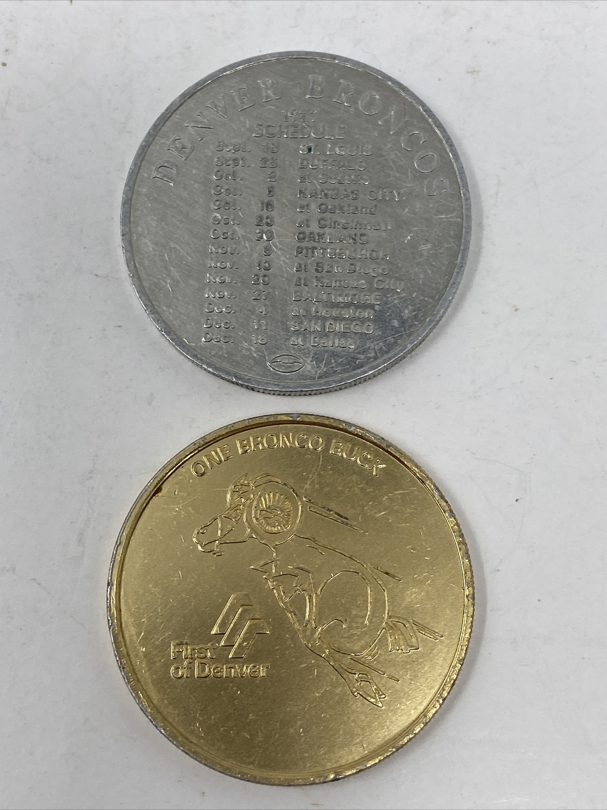 1977 & 1980 Denver Broncos One Bronco Buck Schedule Coins Vintage Set of 2 Coins