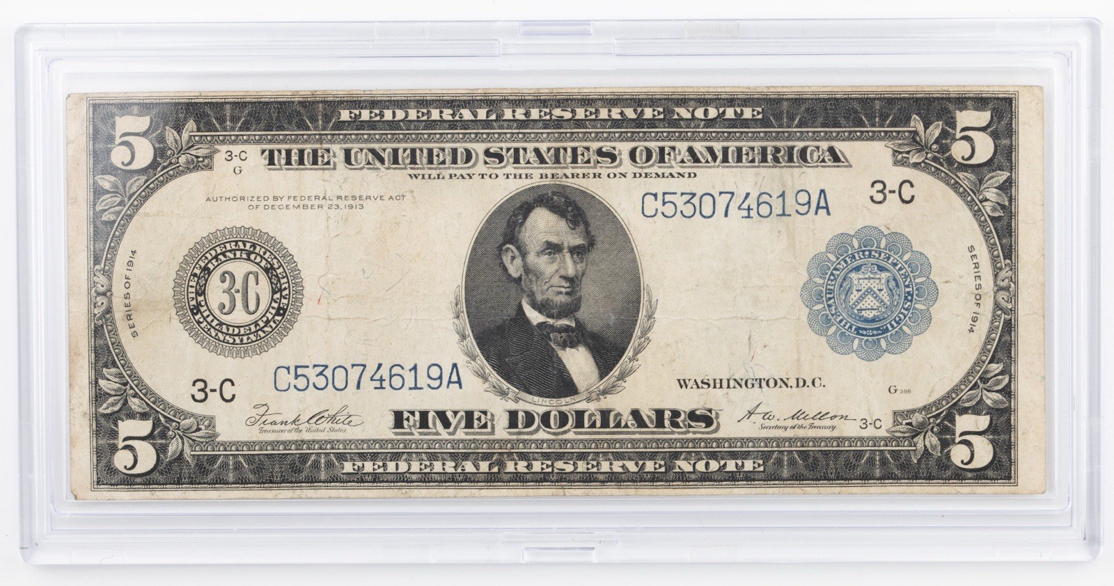 1914 $5 Federal Reserve Large Note FR. 855a Circulated Philadelphia - 1072B