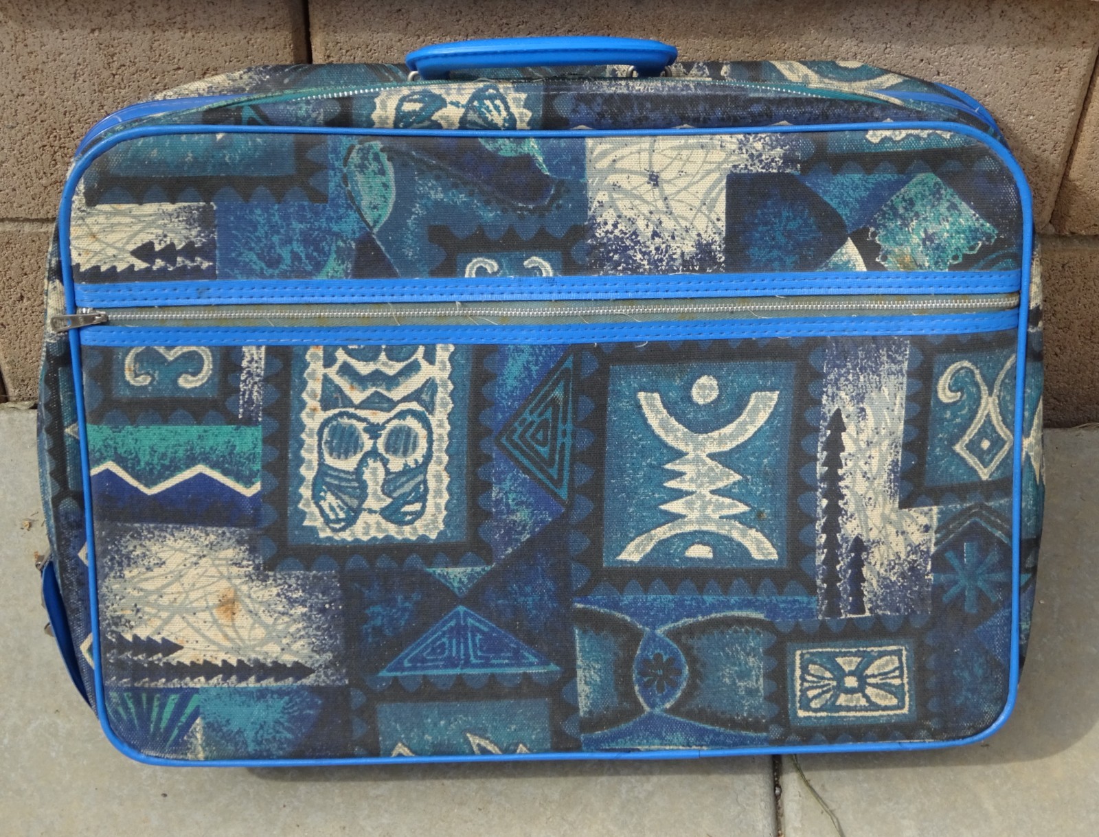 Rare VTG Armored Luggage 70s Blue Kids Patchwork Suitcase Travel w Key Hawthorne