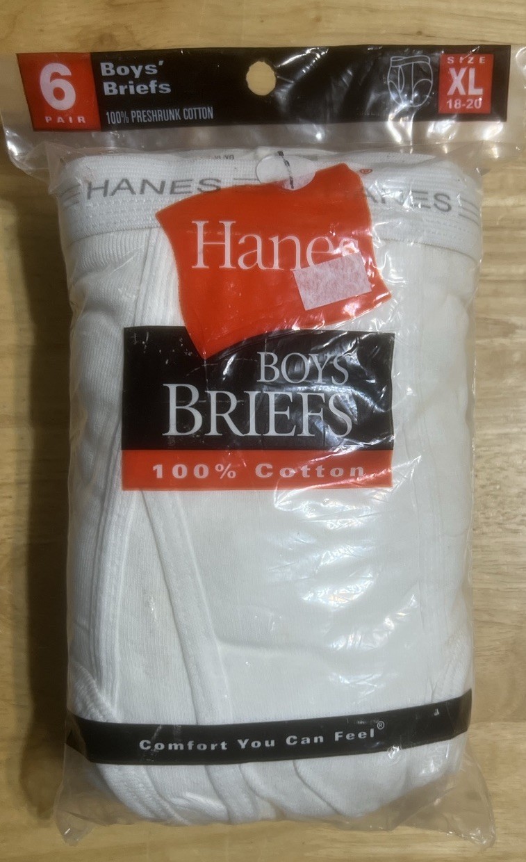 VINTAGE 2005 HANES WHITE BOYS BRIEFS SIZE XL 18-20 / 100% COTTON 6 PACK SEALED