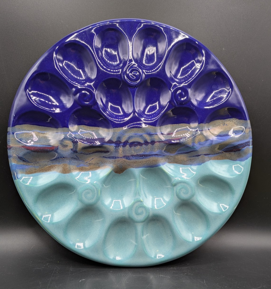 Handmade Poured Blue Glaze 24 Deviled Egg Plate Dish Ceramic Studio Pottery 12"