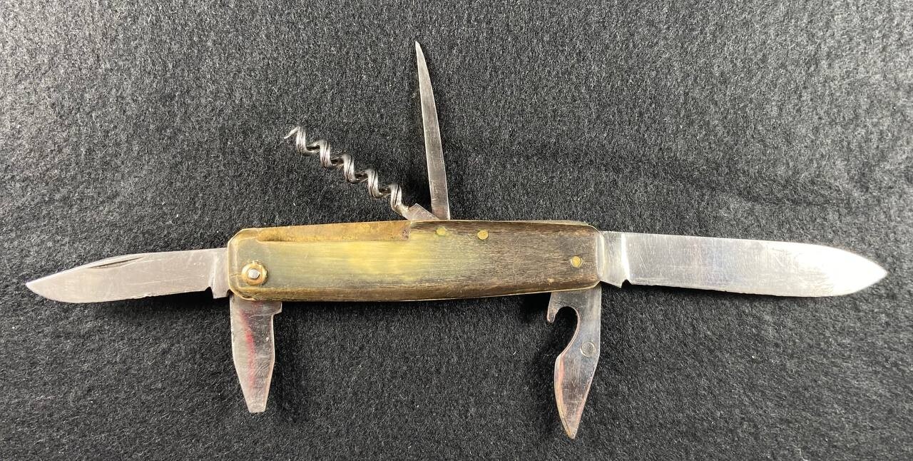 Vintage INOX Multi-Tool Pocket Knife 1950s Corkscrew Bottle Opener Horn Handle