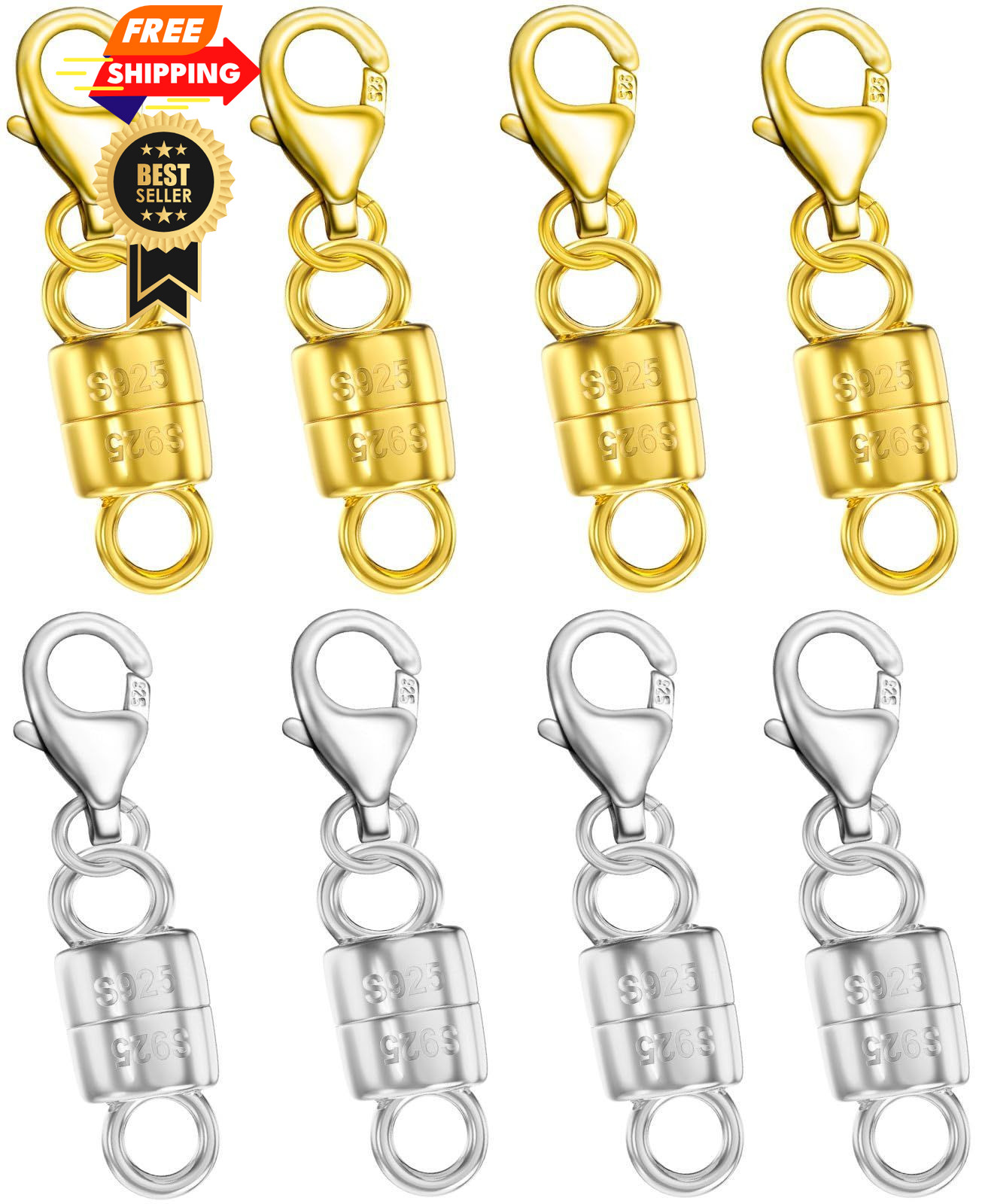 Dailyacc 925 Silver Lobster Magnetic Necklace Clasps and 8PCS 4Gold 4Silver 
