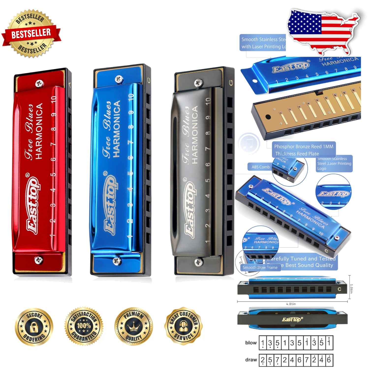 3-Key Harmonica Set C A G 10 Hole Diatonic Blues Mouth Organ