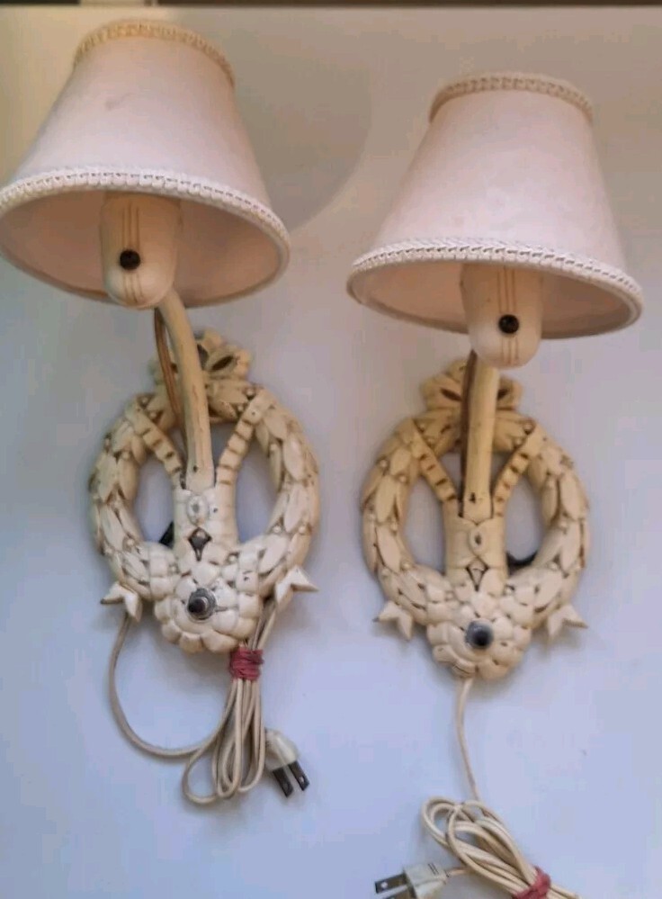 Set Of 2 Mid Century Cast Iron Wall Sconces Wreath & Bow Design