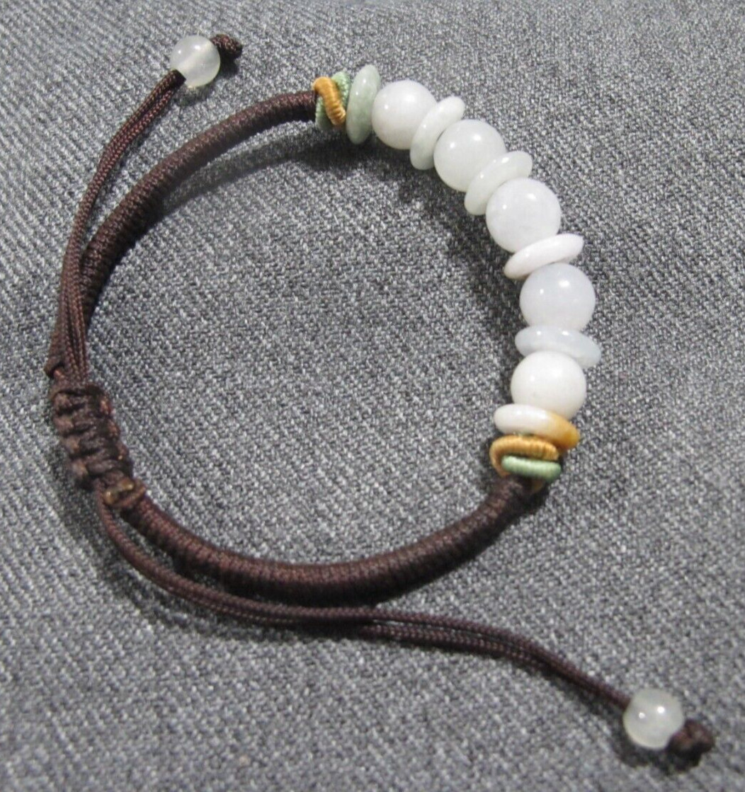 Vintage chinese quartz & jade beads brown rope strap adjustable bracelet