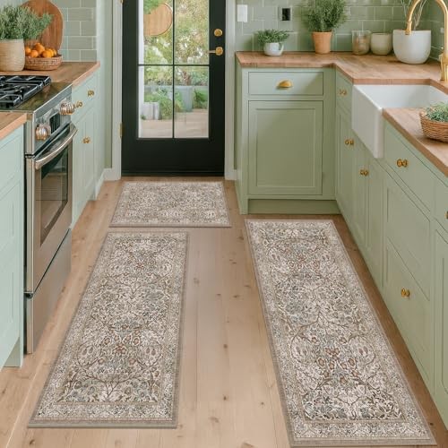  Washable Kitchen Rug Set of 3, Non-Slip Low Pile Mats in Calming Neutral 