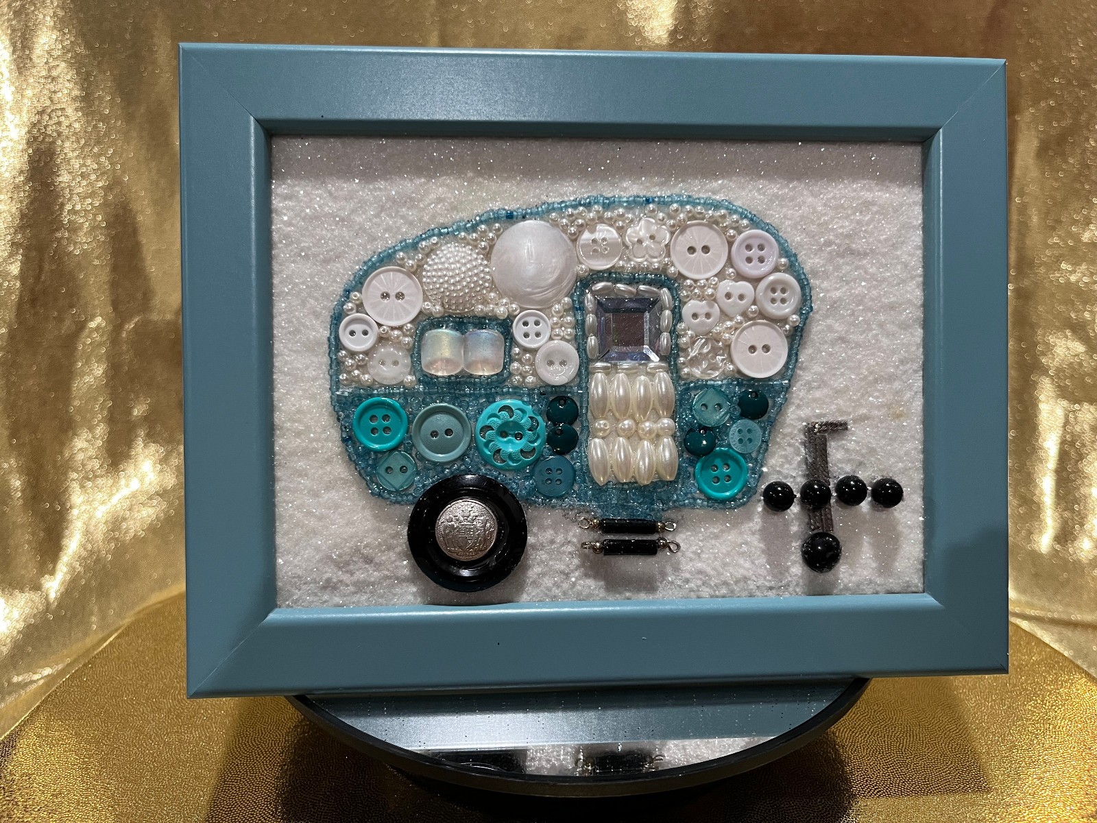 Framed Camper Rhinestone / Button Art ~ Original