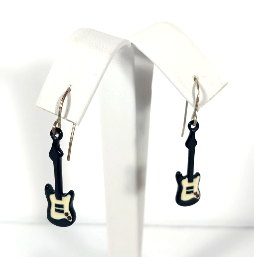VTG Electric Guitar Pierced Dangle Earrings Black & White
